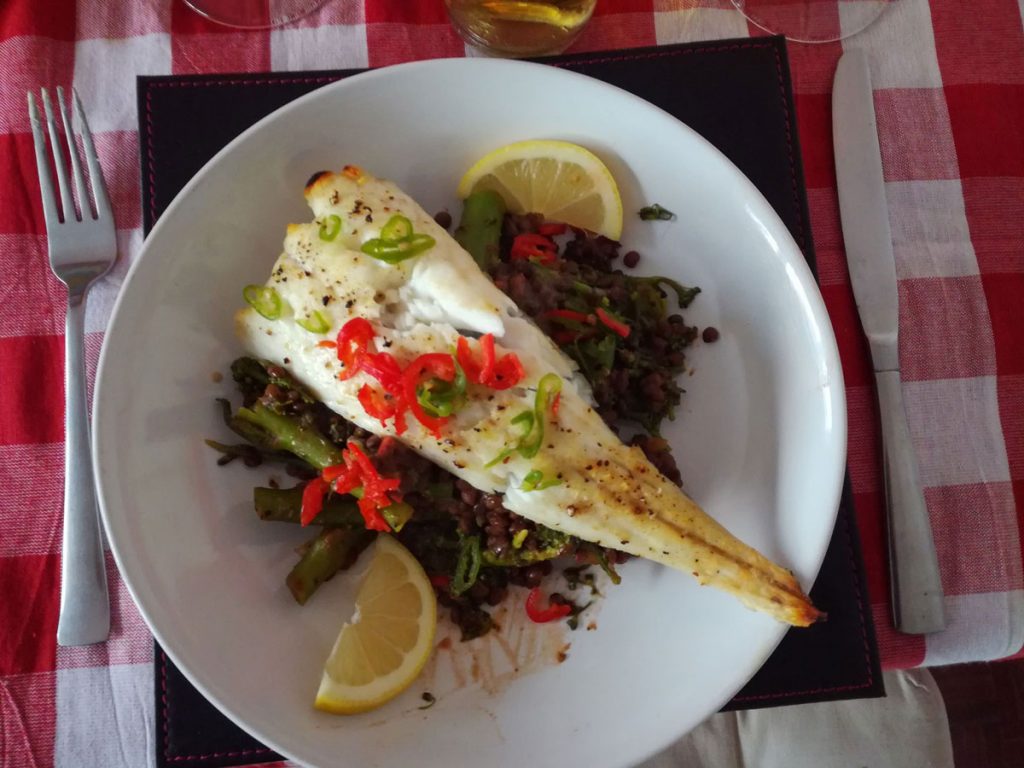 Low Fat Warm Lentil Salad with a fillet of pan-seared sea bass