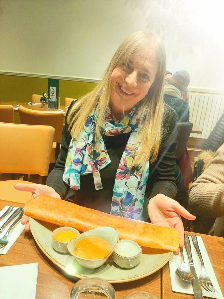 Mysore Masala Dosai (Vg) at the Banana Leaf Swansea – A large, crispy crepe filled with fragrant potato masala, served with chutneys and sambar. 
