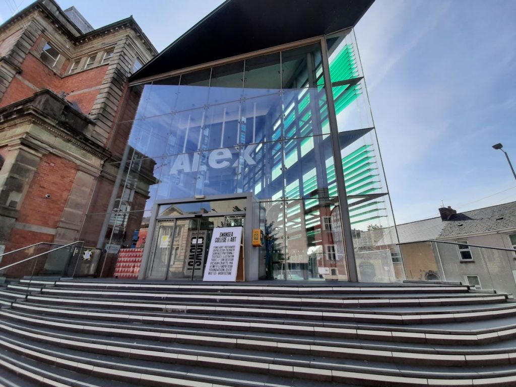 Façade of University of Wales Trinity Saint David (UWTSD) and hosts several Swansea College of Art programs, including Stained Glass, Product Design, and 3D Animation.