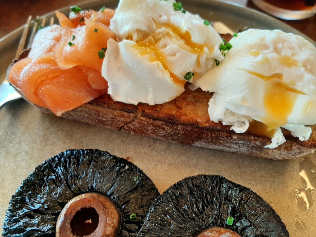 Smoked Salmon & Poached Eggs with Mushrooms at  'The Green Room in Swansea'