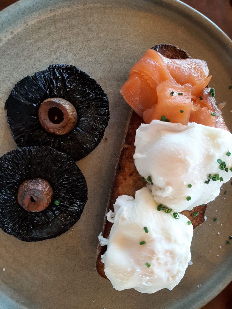 Smoked Salmon & Poached Eggs with Mushrooms at  'The Green Room in Swansea'