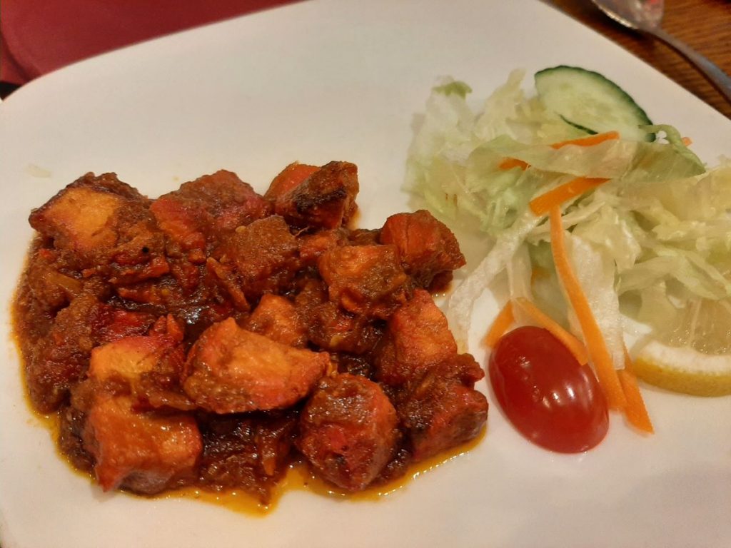 Chicken Tikka. The diced chicken was marinated in yogurt, tamarind, garlic, ginger, lemon juice, and tandoori spices  at the Panshee Contemporary Indian Restaurant Swansea 