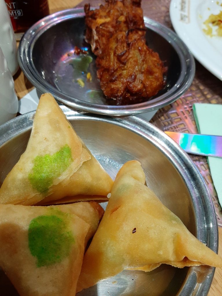 Vegetable samosas and onion bhaji at My Indian Ammanford